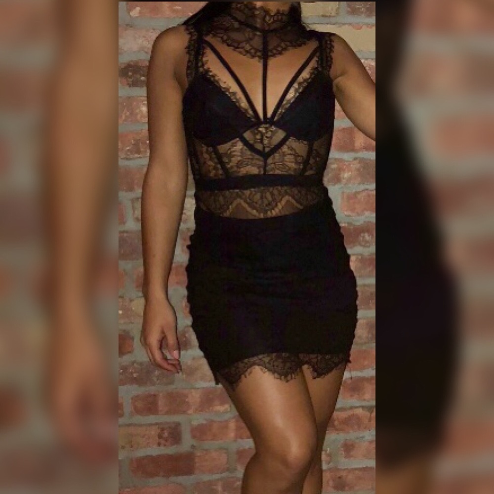 A black lace mini dress